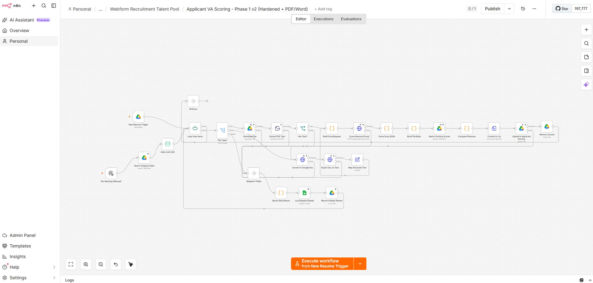The production n8n workflow: from the résumé intake trigger through file-type routing, text extraction, AI scoring, and filing the result (click to view full size).